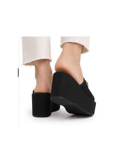 N Napa Shoe Np.9555.siyah Saten Napa Shoe Kadın Dolgu Topuk Platform Terlik Siyah Günlük Şıklık Ve Konfor