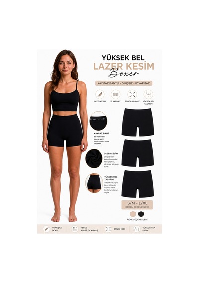 Westicgiyim Yüksek Bel Lazer Kesim Kadın Boxer Dikişsiz İz Yapmaz Kaymaz Bantl Siyah