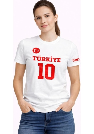 Freedom Storee Kadın Türkiye Ay Yıldız Baskılı 10 Numara Forma Tişört Taraftar T-shirt - Beyaz Çok Renkli