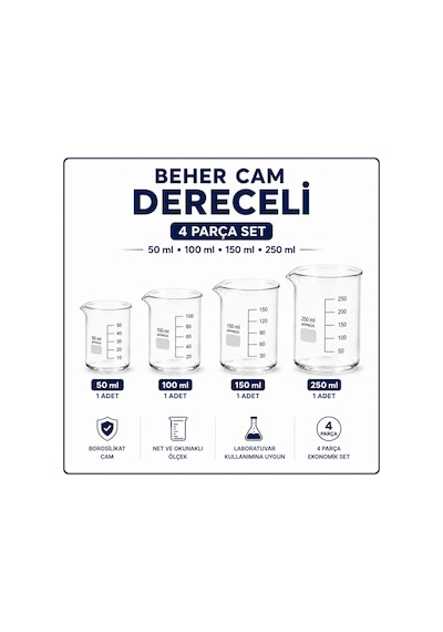 Beher Cam Dereceli 50 Ml 1 Adet, 100 Ml 1 Adet, 150 Ml 1 Adet, 250 Ml 1 Adet 4 Parça Set