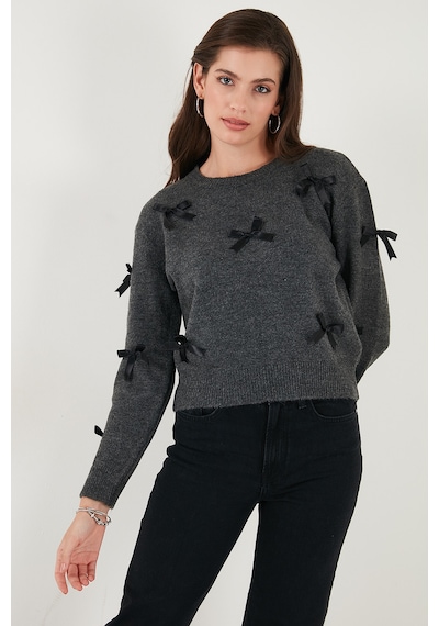 Lela Premium Regular Fit Bisiklet Yaka Fiyonk Detaylı Triko Bayan Kazak 680Kz00155 Antrasit