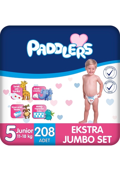 Bebek Bezi 5 Numara (11-18 Kg) Junior 208 Adet – Ekstra Jumbo Set, 12 Saat Kuruluk