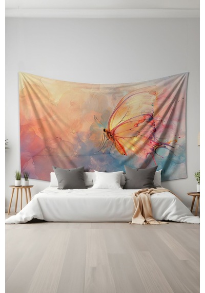 Pastel Kelebek Desenli Duvar Halısı Duvar Örtüsü Tapestry Süet Dokulu Kumaş