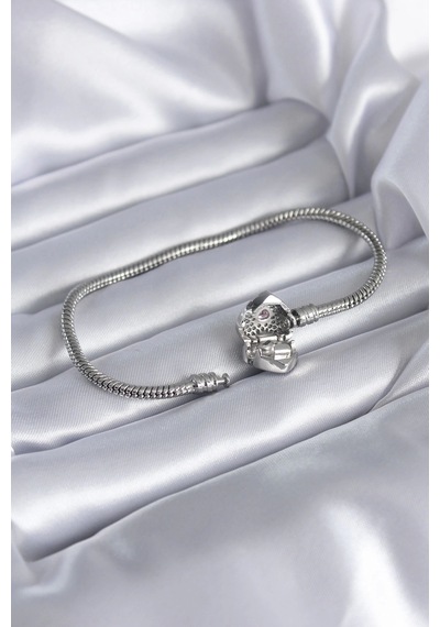 Gümüş Renk Zirkon Taşlı Kalp Charm Model Pirinç Kadın Bileklik - Çok Renkli