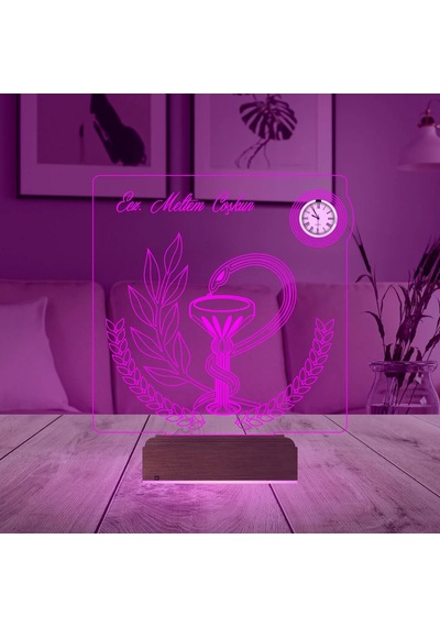 Luvivia Eczacı Hediye Eczane Logolu Kişiye Özel Metal Saatli 3d Lamba - Masa Gece Lambası Şeffaf