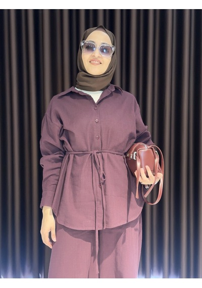 Olla Collection Keten Gömlek Pantolon Takım - Bordo