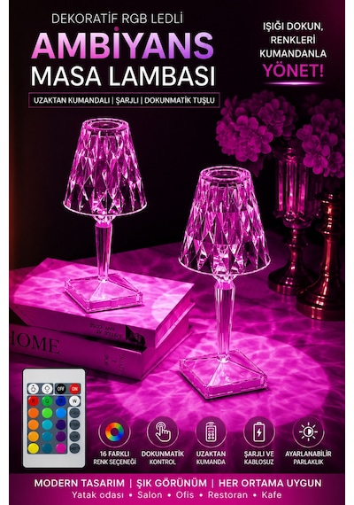 Rgb Led Dekoratif Ambiyans Masa Gece Lambası Uzaktan Kumandalı Şarjlı Dokunmatik Abajur Kristal Beyaz
