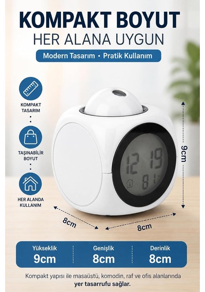 Tr Duvara Yansıtan Projeksiyonlu Dijital Çalar Saat Konuşan Termometreli Led Alarm Masa Saati Genel