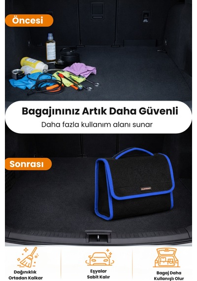 Oto Bagaj Organizer Bagaj Çantası M Boy Kaymaz Cırt Bantlı Velur Kompakt - Siyah Mavi