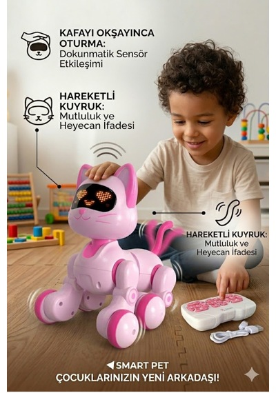 Ucuzuna Bak Oyuncak Hareketli Uzaktan Kumandalı 30 Fonksiyonlu Akıllı Robot Kedi Köpek Led Gözlü Kafa Sensörlü