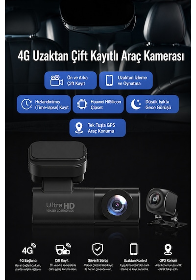 2 Kameralı 4k Sim Kartlı Uzaktan İzlenebilen Araç Kamerası Güvenlik Kamerası