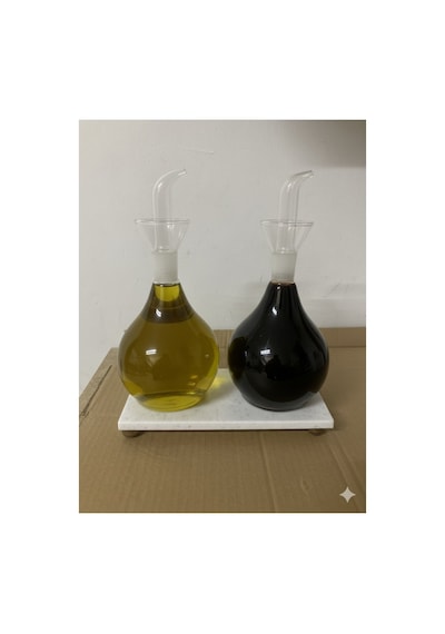 Reoona Mermer Stantlı Borosilikat Tombul Düz Cam Yağlık 2 Li Set 900 Ml+900 Ml Şeffaf - Şeffaf