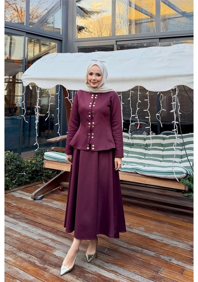 Riella Butik Düğme Detaylı Scuba Tesettür Takım Bordo