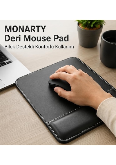 Deri Mouse Pad, Bilek Destekli, Ergonomik Tasarım, Kaymaz Taban, Ofis Ve Ev Kullanımı İçin