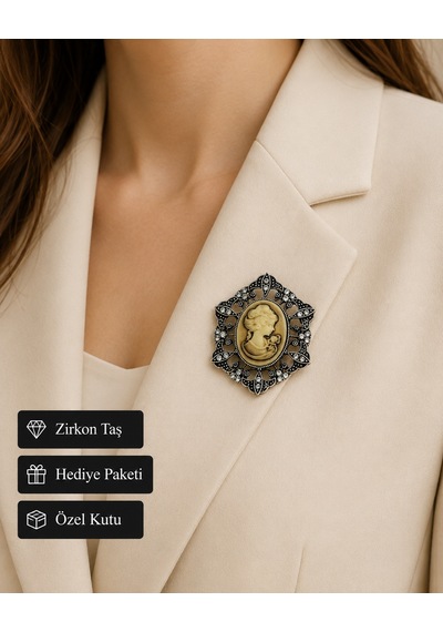 Vintage Kadın Silüetli Taş İşlemeli Broş Rozet Şık Hediye Aksesuarı Açık Gri