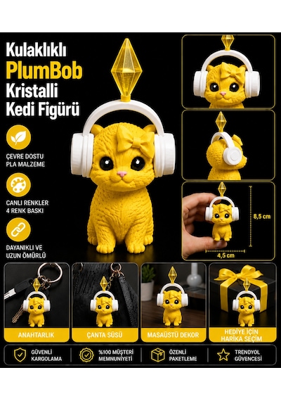 11 Cm Sims Plumbob Kulaklıklı Kristalli Kedi Figürü-dekoratif Sevimli Kedi Biblo