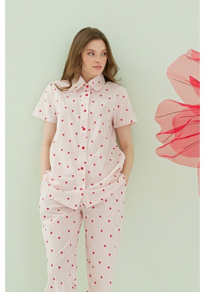 Nbb Kadın Pembe Kalpli Önden Düğmeli Pijama Takım