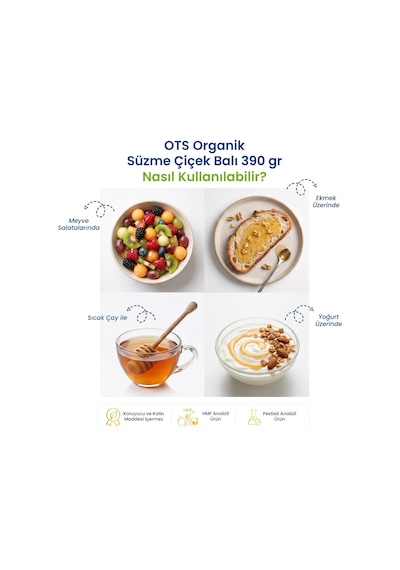 Ots Organik Süzme Çiçek Balı 390gr (Organik Sertifikalı, Pestisit Analizli)