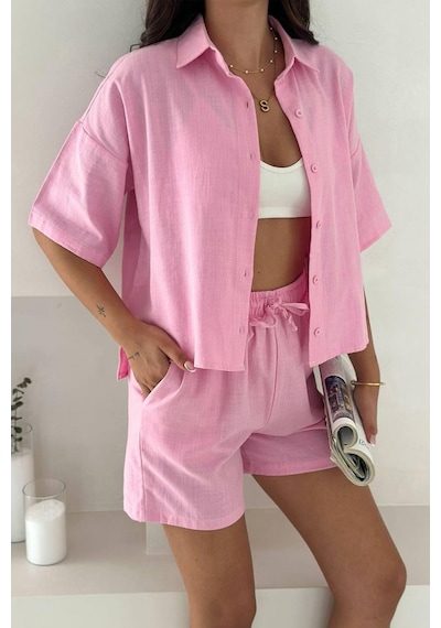 Kadın Açık Mavi Gömlek & Şort Takım Coastal Mood Pembe