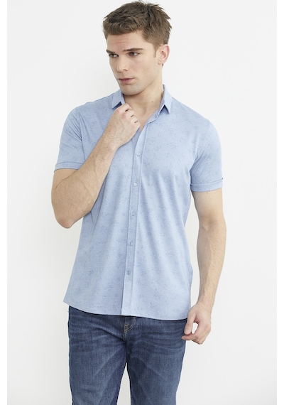 Slim Fit Baskılı Penye Gömlek - Mavi Mavi