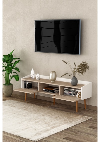 Asra Trend Tv Ünitesi Tv Sehpası T-28 %100 MDF Ayaklı Modern Medya Ünitesi Beyaz - Sidon