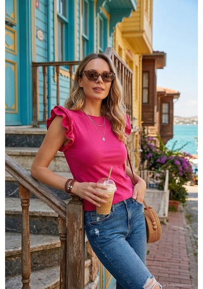 Lela Pamuklu Kolları Fırfırlı Slim Fit Bisiklet Yaka Bayan T Shirt 5864500 Fuşya