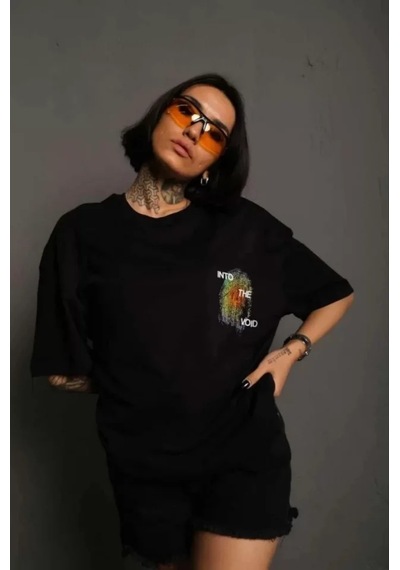 Cojans Unisex Bisiklet Yaka Baskılı Oversize T-shirt - Siyah Göründüğü Gibi