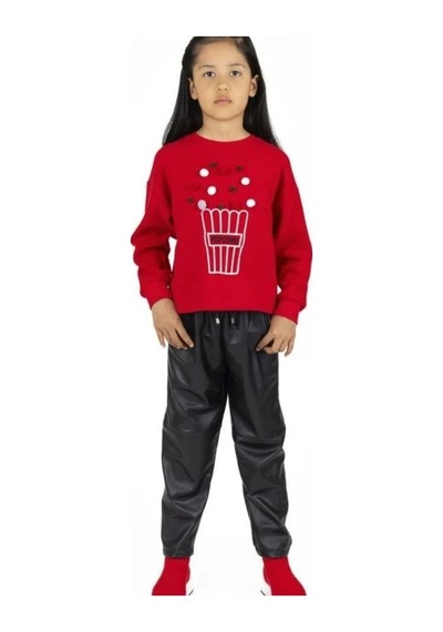 Kız Çocuk Popcorn Baskılı Sweatshirt-13493 Kırmızı