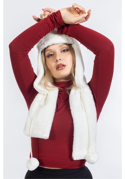 Ladycolor Peluş Kulaklı Pilot Şapka Atkılı Takım Beyaz Beyaz