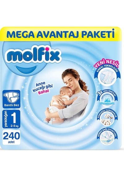 Molfix Bebek Bezi 1 Beden Yenidoğan Mega Avn. Paket 240 Adet 6'lı