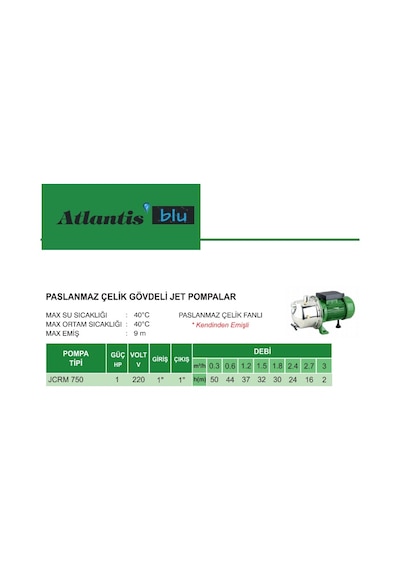Atlantis Blu Marka Jcrm750 1Hpjet Santrifüj Pompa Paslanmaz