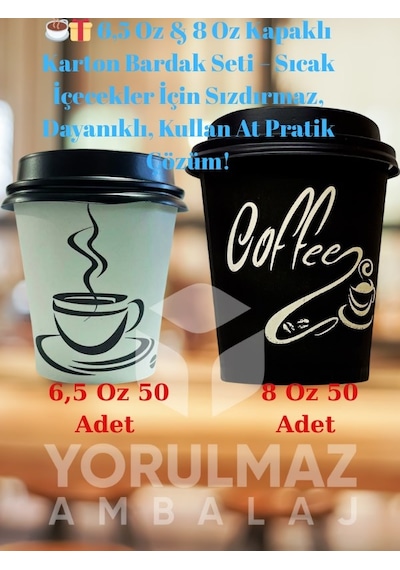 6,5 Oz & 8 Oz Kapaklı Karton Bardak Seti Sıcak İçecekler İçin Sızdırmaz, Dayanıklı, Kullan At Pratik Çözüm 50