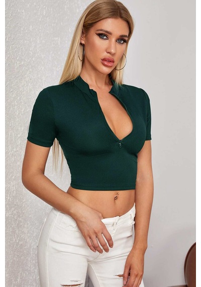 Kadın Yeşil Yarım Fermuarlı Ve Kısa Kollu Crop Top Bluz