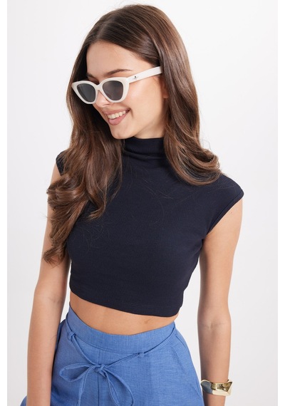 Tudors Kadın Slim Fit Dar Kesim Pamuklu Likralı Dik Yaka Sıfır Kol Yumuşak Dokulu Lacivert Crop Bluz-50466