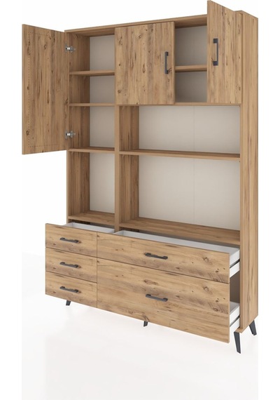 Arges Dolap 8 Raflı 5 Çekmeceli 3 Kapaklı 132x30x195 Çam-çam/çam Çam