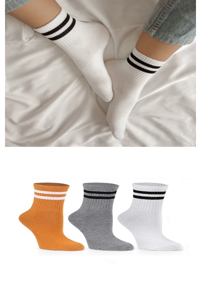 Ozzy Socks 3 Çift Çizgili Kolej Çorabı Sarı Gri Beyaz Pamuklu Tenis Çorabı Seti Karışık