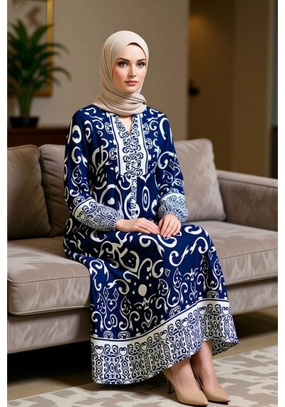 Benerly Kadın Maxi Viskon Dokuma Elbise Hakim Yaka Reglan Kol Etnik Desen Indigo