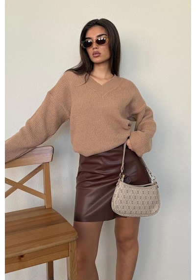 Madmext Camel V Yaka Triko Kadın Kazak Mg2501 CAMEL