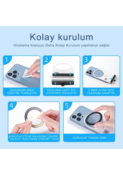Polham 0.4mm 2 Adet Set Ultra İnce Yapışkanlı Mıknatıslı Metal Halka, 3m Hafif Tüm Telefonlara Uyumlu