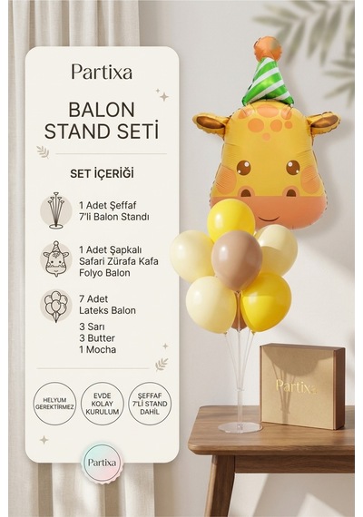Şapkalı Safari Zürafa Kafa Balon Stand Seti Şeffaf 7 Li Stand + Şapkalı Zürafa Folyo Balon + 7 Lateks Balon