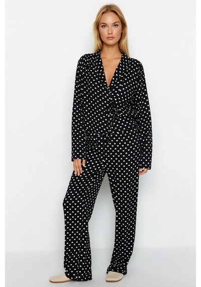 Benerly Kadın V Yaka Standart Kol Relaxed Kalıp Uzun Kollu Dokuma Pijama Siyah