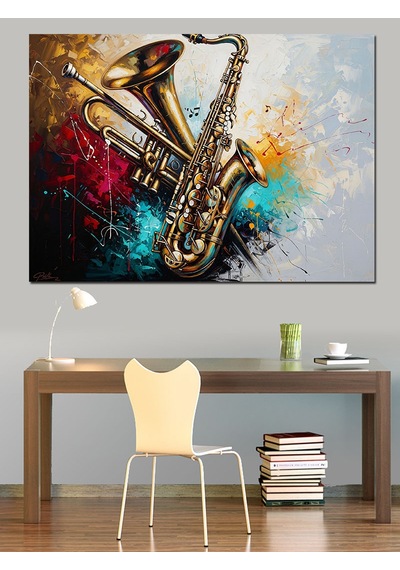 Ahşap Tablo Renkli Soyut Saksafon Müzik Tablosu Hayvan Tabloları