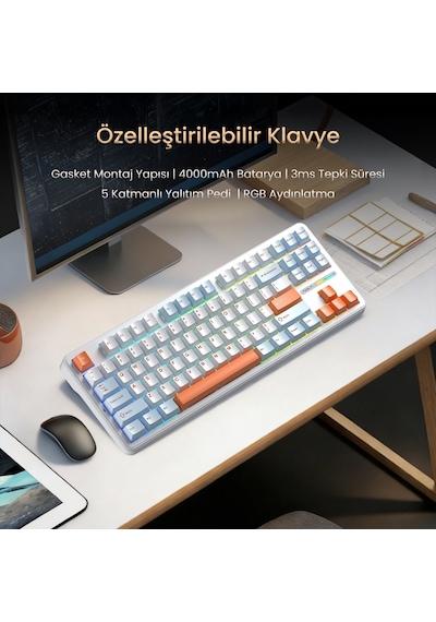 Aula F87 Pro Mekanik Rgb Tkl Nimbus V3 Switch Kablosuz Makrolu Hot Swap Klavye Turuncu