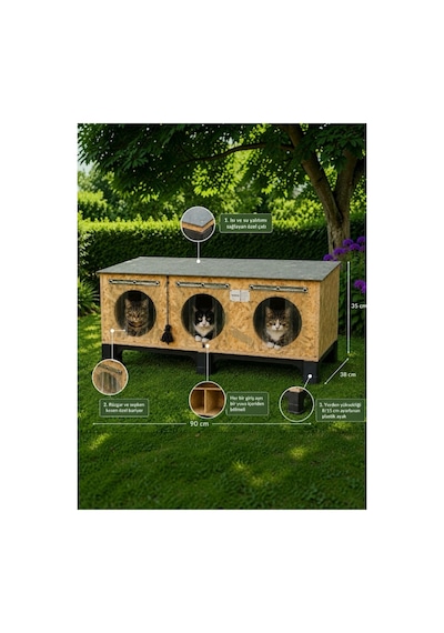 Kedi Evi Kedi Yuvası Kedi Barınağı Isı Ve Su Yalıtımlı 3 Kedilik