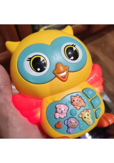 Hayvan Sesleri Çıkaran Işıklı Müzikli Baykuş Modelli İnteraktif Bebek Eğitici Tuşlu Oyuncak - Sarı