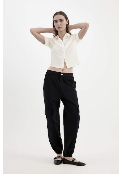 Defacto Jogger Gabardin Pantolon Normal Bel Basıc Kargo Cepli B0454AX23AU Siyah