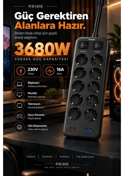 Robeve Fulltech Prıme 10 Lu Akım Korumalı Priz 3680w