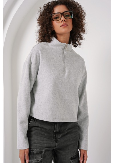 Bigdart 55449 Fermuarlı Yaka Örme Sweatshirt - Gri