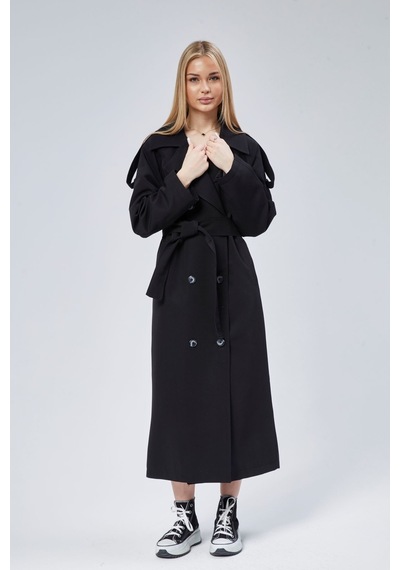 Siyah Oversize Astarlı Uzun Trençkot Siyah