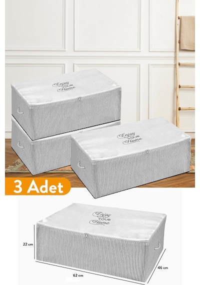 Serstil 3 Adet - Büyük Boy Baza Altı Gri Çizgili Hurç 62 X 46 X 22 Cm